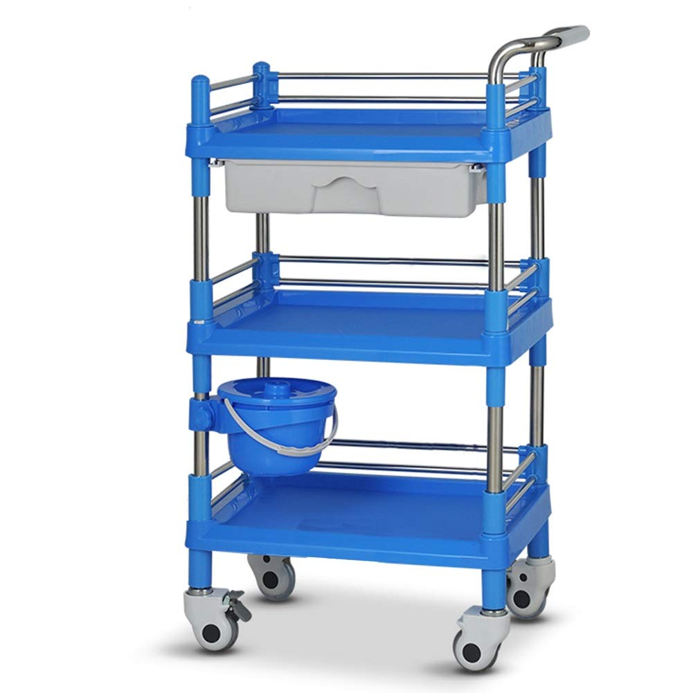 asdchZen Utility Cart Organizer Service Cart 3-Tier Stainless Steel Nurse Trolley Abs Rolling Service Cart With Drawer & Dirt Bucket/Beauty Salon/Instrument Tool,Blue