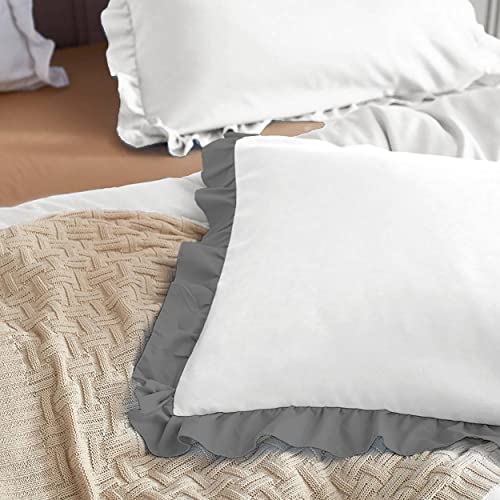 Image of YRM Bedding's Ruffle Beautiful Pillow Cover | Super Soft Elegant Premium Microfiber Frill Pillow Cover Set of 2 (17 inchx27 inch Inches) (White /Dark Grey)