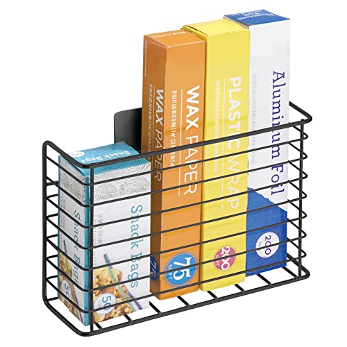 mDesign Large Shelf-Adhesive Metal Kitchen Hanging Storage Organizer Basket for Pantry, Cupboard, Cabinet, Hold Plastic Sandwich Bags, Foil, Wax Paper, Saran Wrap, Poppon Collection - Black