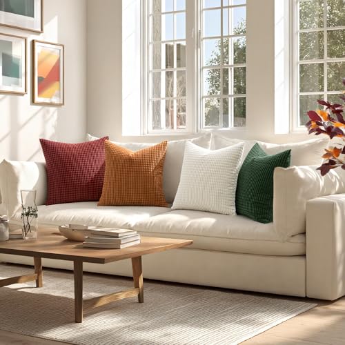 MIULEE Modern Farmhouse Decorative Pillow Covers 18x18 Inch Set of 4 Natural Rustic Throw Pillows Neutral Warm Soft Corduroy Couch Pillowcases Home Decor for Sofa Living Room Bed Christmas Red