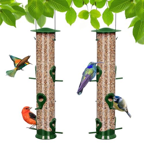 2 Packs Green Bird Feeder Tube Hanging Feeders, 6 Port Wild Bird Feeders Premium Hard Plastic with Steel Hanger Weatherproof and Water Resistant Great for Attracting Birds 18.2 Inches Large