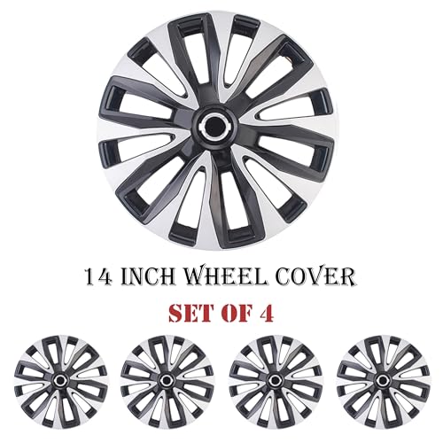 Image of Black with Silver Car Vehicle Chrome Wheel Rim Skin Cover 14 inch Automotive Hubcap Wheel Cover Replacement Sporty Hubcaps Rim Protection Accessories Set of 4, 14 inch