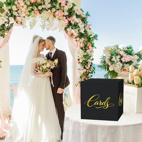 Image of Black and Gold Wedding Card Box for Reception, 8.7 inch Cardstock Card Holder for Graduation, Anniversary, Birthday, Retirement, Elegant Party Gift Box for Envelopes and Money, Easy Assembly