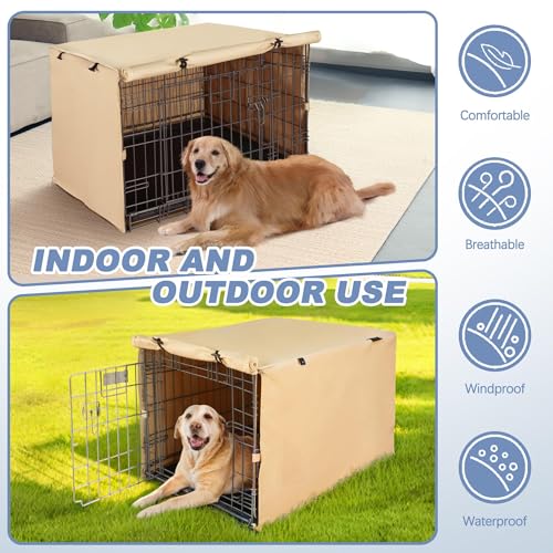 Akinerri Dog Crate Cover - Double Door Waterproof Pet Kennel Cover, Durable 600D Polyester Protective Cage Cover for 24/30/36/42/48 Inch Dog Crate - Beige - Image 6