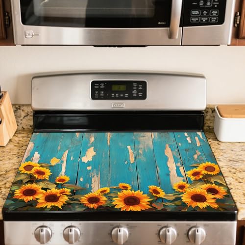 Image of Nuxovilar Wood Sunflower Stove Cover Diatom Mud 28.35x20.47 In | Glass Protector Countertop Mat Counter Saver Cooktop Cover Kitchen Cooking Area Home Decor (Rustic Blue Wood)