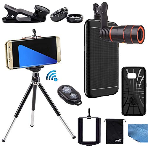 EEEKit 5in1 Photo Kit for Samsung Galaxy S7 Edge,Slim Fit Premium Case Cover + Focus Telescope Lens + Mini Tripod,Bluetooth Control + Marco Wide Angle FishEye Lens