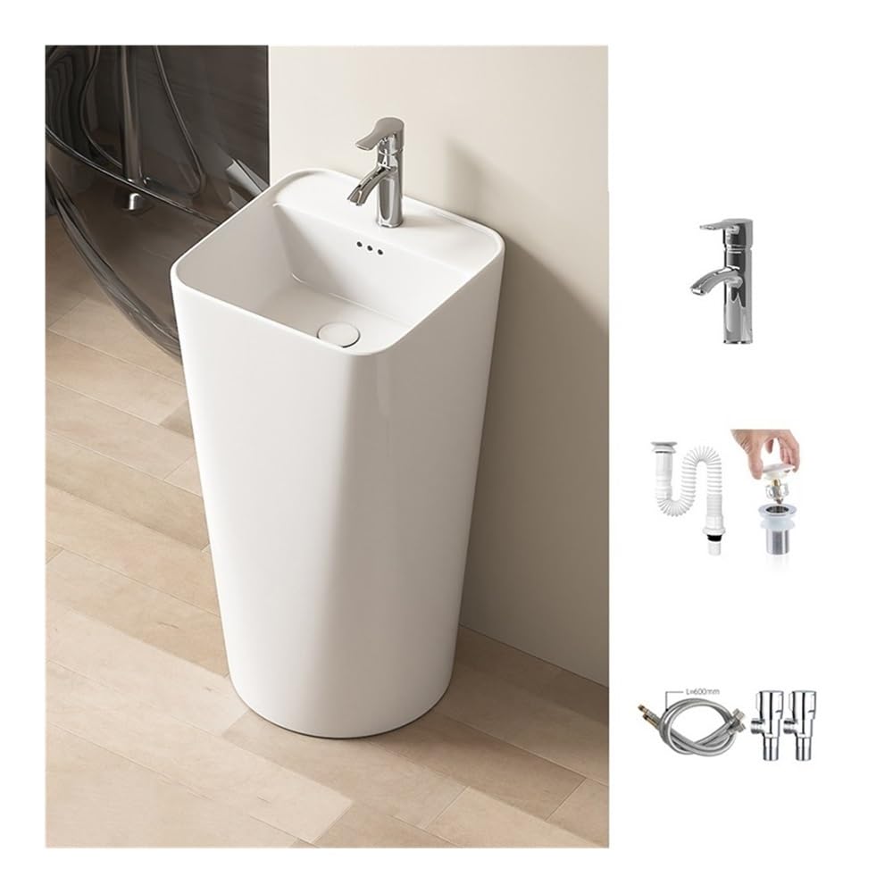 Biały porcelanowy zlew na cokole ze srebrnym kranem i zestawem odpływowym elegancki zestaw umywalkowy łazienkowy nowoczesny design do remontu domu