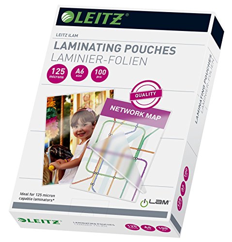Leitz 338060 - Bolsas de Plastificación A6 Hechas de Material de 125 Micras de Grosor, Pack de 100 Unidades, Brillante, Transparente, Se Puede Utilisar con Todas las Plastificadoras