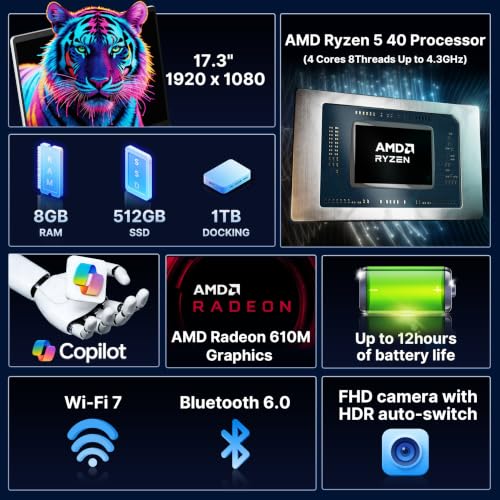 Image of HP OmniBook 3 17.3 inch FHD Business Laptop, AMD Ryzen 5 40, 8GB RAM, 1.5TB Storage (512GB SSD+1TB Docking Station Set), AMD Radeon 610M, FHD Camera, Copilot, Wi-Fi 7, Windows 11, Glacier Silver