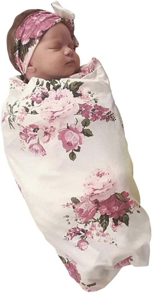 COLOOM Newborn Girls Receiving Blanket Headband Set Flower Baby Swaddle Blankets Infant Warm โฆ (0-6 Months, Pink)