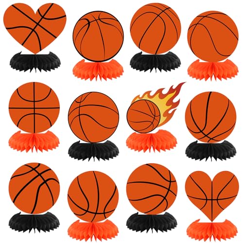 Yuntau 12 Pcs Basketball Party Decoration Honeycomb Centerpiece Basketball Table Topper Sports Table Decoration for Men Birthday Sports Theme Party Favors Supplies