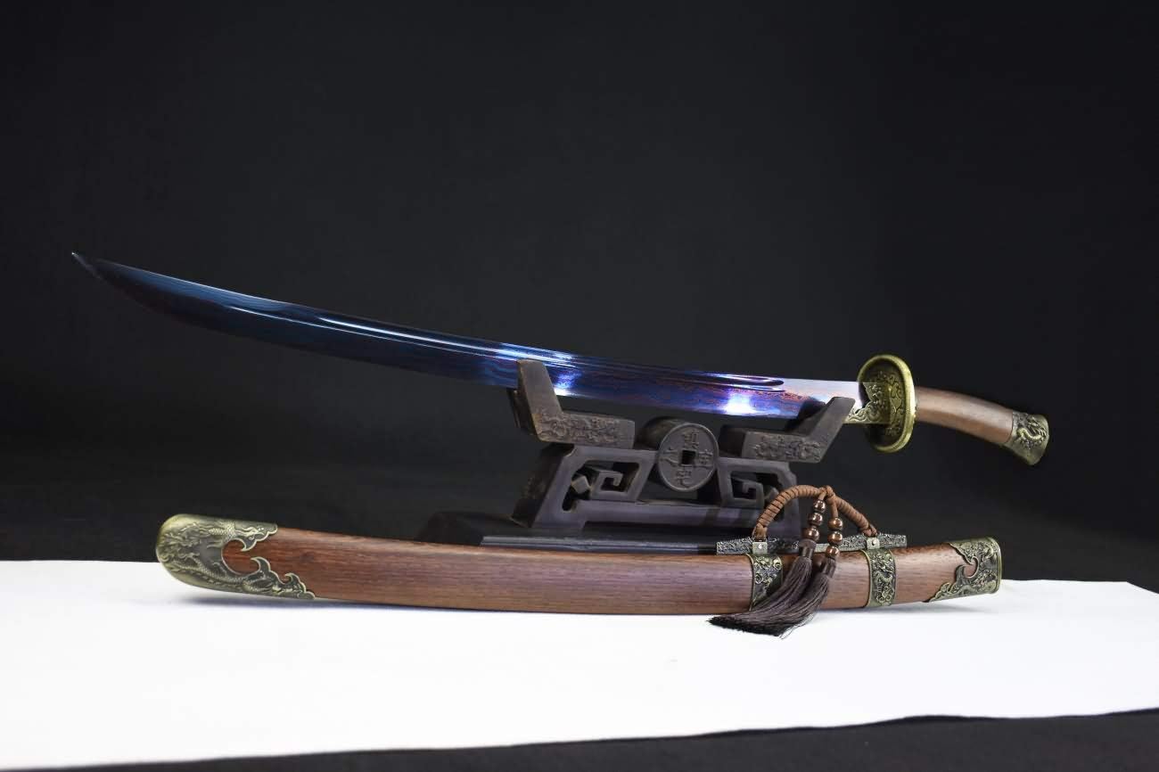 Qing dao Sword,Handmade Damascus Steel Blue Steel Blade,Rosewood Scabbard