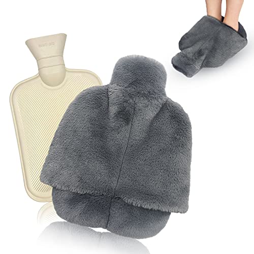 Zueyen Fußwärmer Ohne Strom, 2L Fußwärmer Wärmflasche für die Füße mit Weich Warm Vlies Innenfutter, für Wärmt die Füße Relax Fuß im Winter, Dunkelgrau Cover