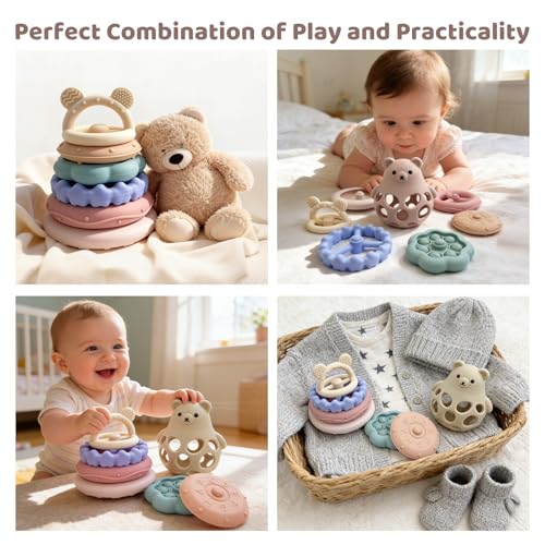 Image of Baby Silicone Stacking Toys,Soft Teething Bear Learning Toy for 6M+,Pink | Sensory Toys for Highchair,Bear Teether & Stacker Rings Toy,Baby Table Toys,Food Grade Silicon Toy,Baby Shower Gifts