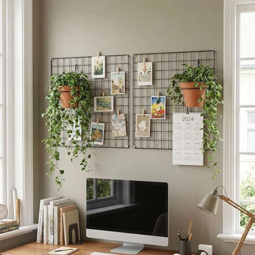 Kaforise Painted Wire Wall Grid Panel, Multifunction Photo Hanging Display and Wall Storage Organizer, Pack of 2, Size:23.6'x 23.6', Square Black