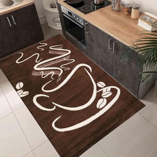 VIMODA Küchenteppich Braun Trendiger Kaffee Teppich, Cappuccino Muster Tasse Kurzflor, Maße:120 x...