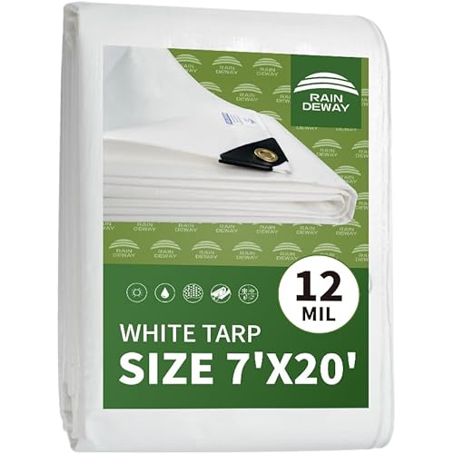 12 Mil Heavy Duty White Tarp 7x20 Feet, UV Resistant, Waterproof, Weatherproof Poly Tarp with Metal Grommets and Reinforced Edges