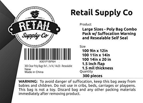Poly Bags with Suffocation Warning 9x12", 11x14", 14x20" - Large Combo Pack of 300 (100 Each Size) - Clear Poly Bags by Retail Supply Co - Resealable