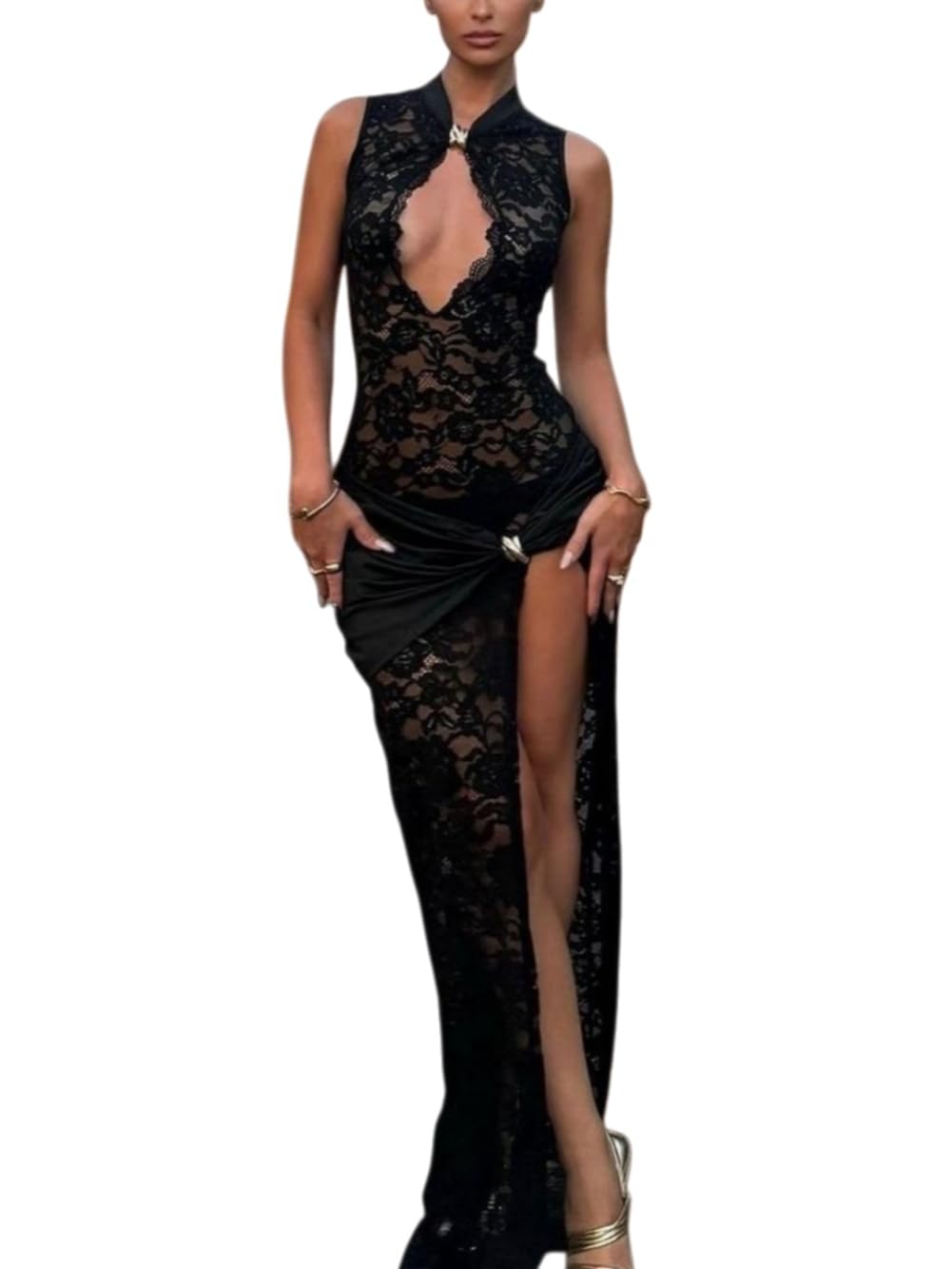 Robe Femme Sexy sans Manches Maxi Robes Col Montant Transparente Dentelle Moulante Robe Longue avec Fente Profonde Ete Chic et Elégant Ajouré Robes de Soiree Cocktail Mariage Gala Cérémonie