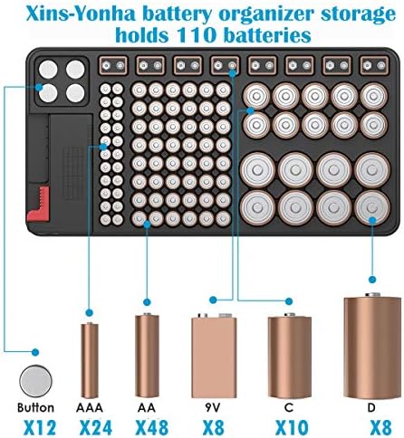 Batteries Storage Box,Battery Storage Organizer Case Holds 110 Different Size Batteries for AAA,AA,9V,Flat Batteries,C and D size with Removable Battery Tester (Black)