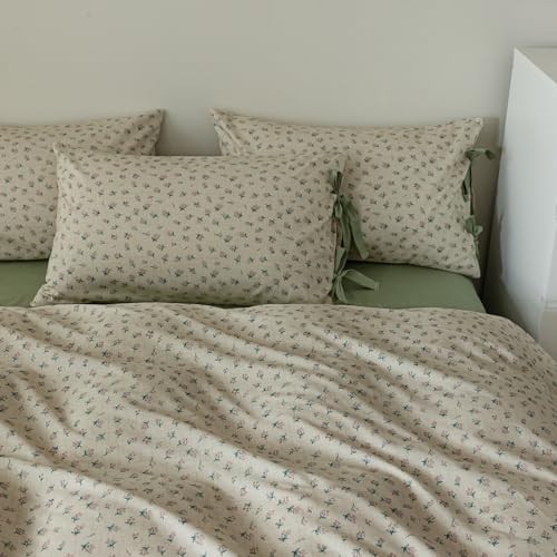 Image of VM VOUGEMARKET Duvet Cover Set Twin 100% Cotton 3 Pcs Girls Green Floral Comforter Cover with Zipper Closure,Cottagecore Style Duvet Cover + 2 Pillowcases with Bowknot-68x86 Inch