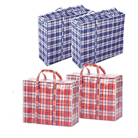 Set of 4 Extra-Large Jumbo Plastic Checkered Storage Laundry Shopping Moving Bags W. Zipper & Handles Size 27"x23"x5"- Color may vary Cover