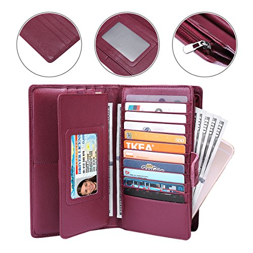 Itslife Womens Wallet,Large Capacity RFID Blocking Leather Wallets Credit Cards Organizer Ladies Wallet with Checkbook Holder,Wine Red