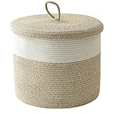 Tegance Blanket Basket with Lid, 16'D x 14'H Large Woven Rope Basket Laundry Basket Baby Toy Storage Basket Hamper Decorative Nursery Bin for Living Room Bedroom with Handles (Brown&White)