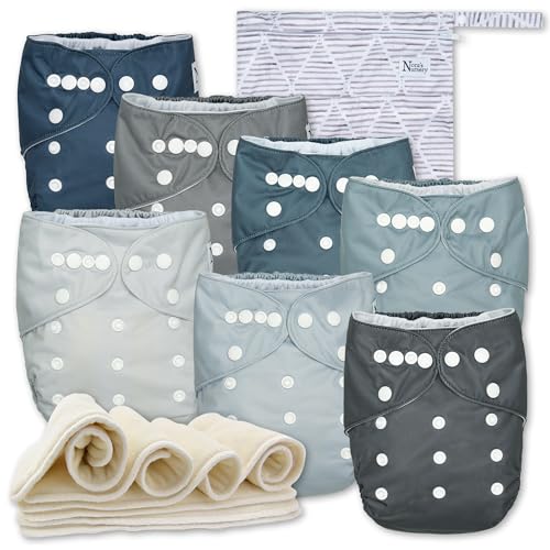 Image of Nora's Nursery Cloth Diapers 7 Pack with 7 Inserts & 1 Wet Bag - Waterproof Cover, Washable, Reusable & One Size Adjustable Pocket Diapers for Newborns and Toddlers - Out to Sea