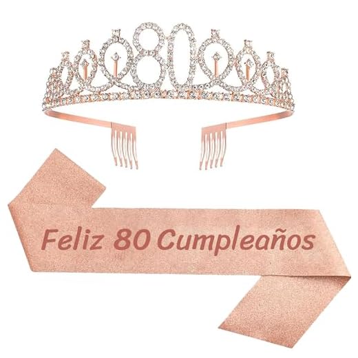 Feliz 80 Cumpleaños Faja de Satén Oro Rosa Feliz Cumpleaños Cumpleaños Sash 80th Diadema Tiara Cristal Cumpleaños Faja Banda de Satén Cumpleaños Sash Decoracíon Regalos para Cumpleaños