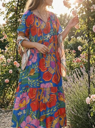 Yousify Womens 2026 Summer Maxi Dresses Short Sleeve Boho Beach Shirt Dresses Loose Vacation Outfits Sundresses Royal Blue — view 5