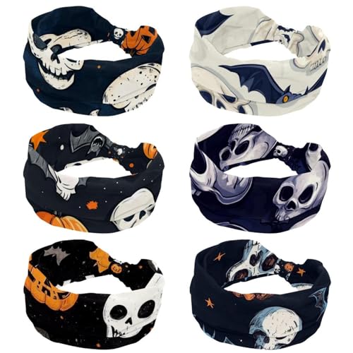Lot de 6 bandeaux larges pour femme crânes et citrouilles style turban