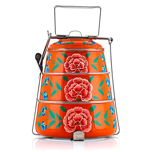 Tiffin pyramide à 3 étages peinte à la main – Peint avec amour par des artisans Kashmiri (orange)