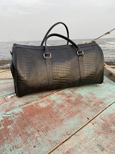 Leather Duffel Bag for Men – Luxury Leather Weekender, Carry-On Travel Bag, Overnight Gym Bag, Crocodile Embossed Pattern shoe cosmatics extra pocket bag (BLACK)4