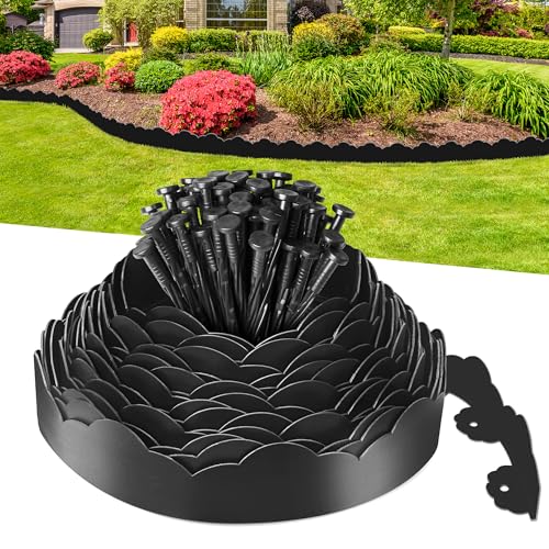 Lawn Edging Border 7cm Tall 10m Flexible Garden Edging Borders Strip with 50pcs Pegs for Yards Edge, Flower Beds Fence & Grass Paths Edging Tool, No Dig Plastic Edging for Lawns (Black)
