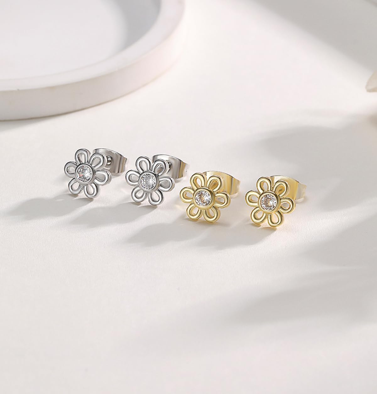 Flower Stud Earrings for Women, Cubic Zirconia Cute Daisy Stud Earrings - Image 2