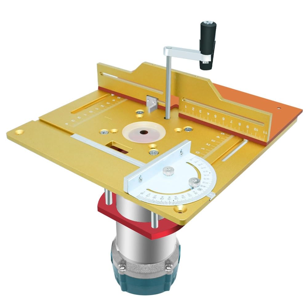Elevadores de enrutador para carpintería, Elevador de enrutador con Placa Superior de 9,4 x 7,9 Pulgadas, Tablero de Mesa Biselado con Ranuras para carpintería (Dorado)