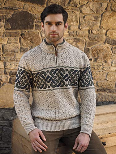 Aran Crafts Men's Irish Cable Knit Wool Half Zip Jacquard Sweater (X4843-LG-OAT) Oatmeal3