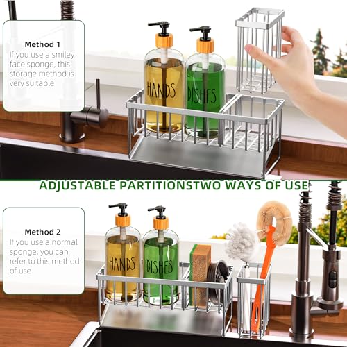 Image of Cisily Kitchen Dish Soap Dispenser Set Stainless Steel Sponge Holder and 2 Pack 16.9oz Clear Glass, Dish Soap Dispensers, Vintage Hand and Dish Soap Dispensers Set, Dispensador De Jabon De Cocina