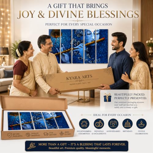 Image of Kyara Arts Krishna Wall Painting for Living Room Big Size with Wooden Frame | Premium Vinyl Print with Textured Finish | Krishna with Flute, Spiritual Wall Decor for Home Decoration | Ideal Gift Option (36 x 60 In)