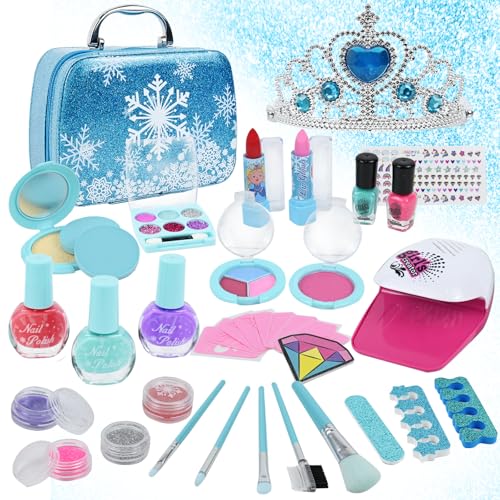PATEMZON Coffret Maquillage Enfant, Maquillage Reine des Neiges, Lavable Malette Maquillage Enfant Jouets, avec Couronne Princesse, Cadeau de Noël Anniversaire pour Fille 3 4 5 6 7 8 9 10 Ans