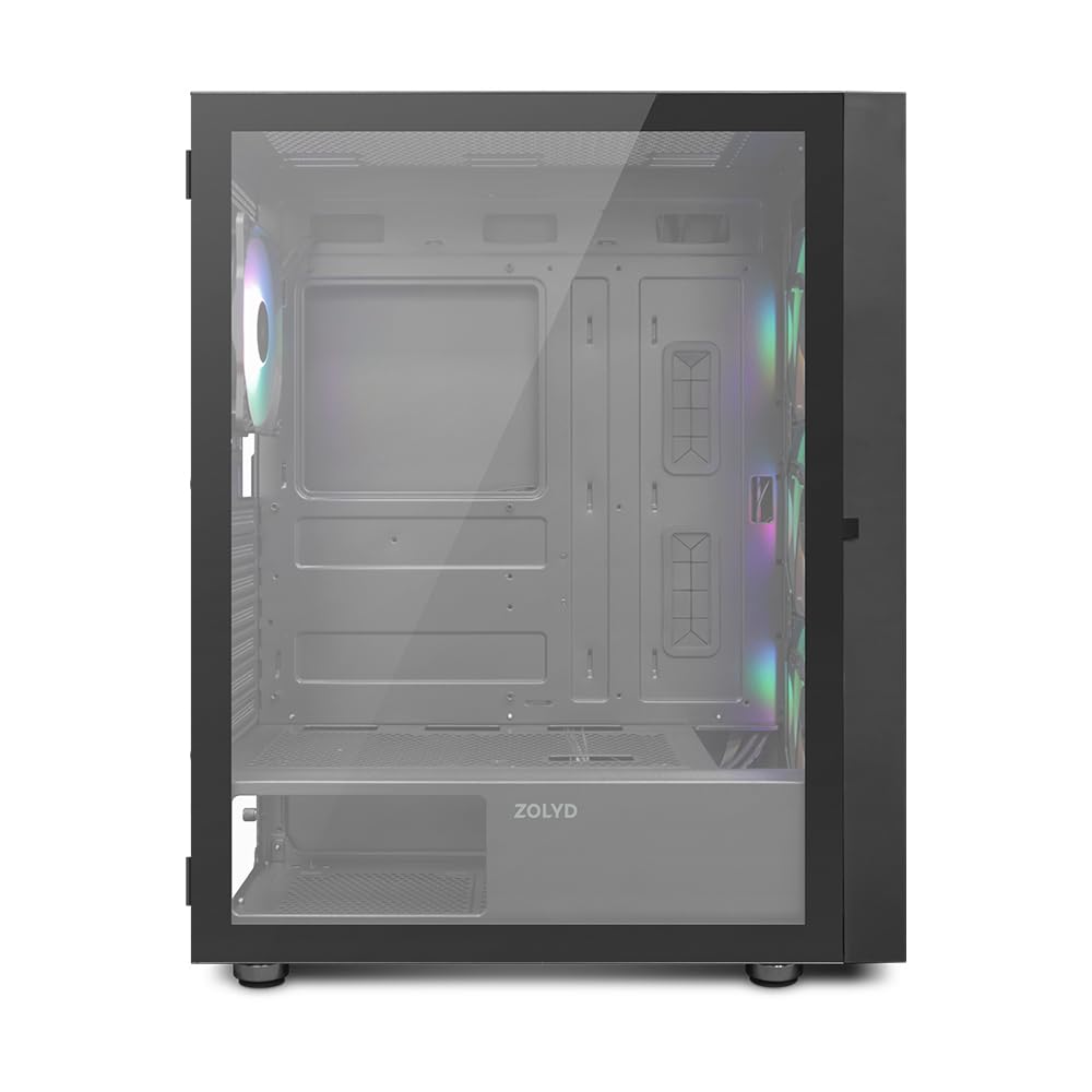 Zolyd Radion - Caja Gaming ATX, Ventana Lateral Completa en Cristal Templado, 4 Ventiladores ARGB incluidos, Frontal Mesh, Soporte Refrigeración Líquida hasta 340mm, Espacio Interno Optimizado, Negro