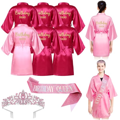 8 Pcs Sleepover Spa Party Favors for Women - Birthday Queen & Squad Robes with Crown & Sash