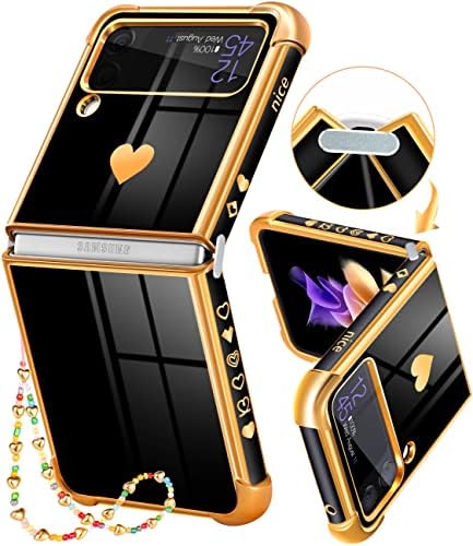 Likiyami for Samsung Galaxy Z Flip 3 Phone Case Heart for Women Girls Girly Cute Pretty Cases Luxury Black and Gold Plating Love Hearts Design Aesthetic Trendy Cover+Chain for Galaxy Z Flip 3 5G 6.7"