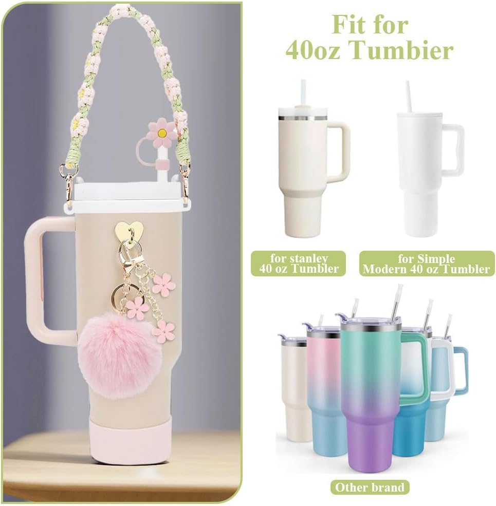 Accessoires Stanley Cup 6 Pièces - Étuis Silicone, Pendentifs Peluche, Porte-Clés Fleur (Rose)