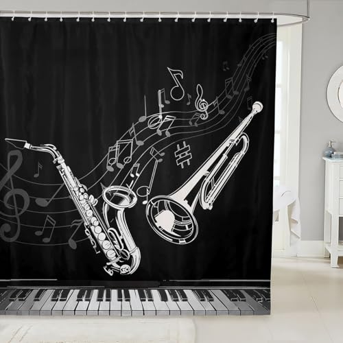 Image of Saxophone Bathroom Shower Curtain Set Trombone Piano Keys Shower Curtain Jazz Music Theme Bath Curtain for Stalls Bathtubs Musical Instruments Waterproof Bathroom Curtains Room Decor 72x84 Inch