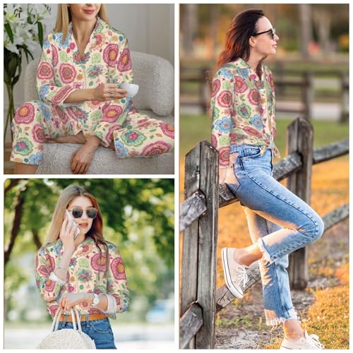Image of Women'S Long Sleeve Pajama Set Soft Loungewear Button-Down Top & Elastic Waist Pants S- 2XL