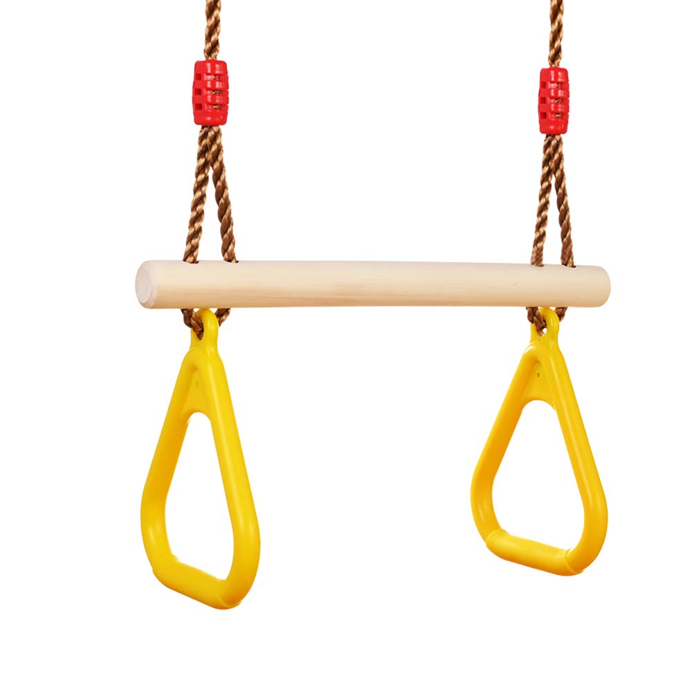 GOLDGE Trapez Schaukel Holz Schaukel Outdoor mit Kunststoff Turnringe Kinder Belastbar bis 120KG und Dinosaurier Aufkleber, Einstellbar Schaukel Kinder Trapez Kinderschaukel Outdoor & Indoor