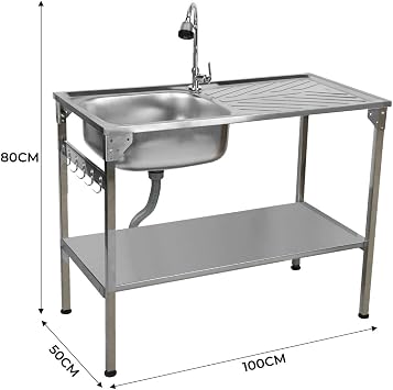 Folding Camping Sink Stainless Steel With Flexible Tap Portable Hand Wash Basin Single Bowl RH Drainer Drainage Pipe Height Adjustable Feet Outdoor FREE Carry Storage Bag Chopping Board & 5 x Hooks