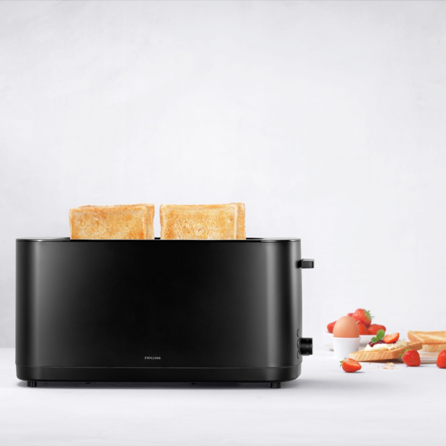 ZWILLING ENFINIGY Toaster mit 3 Automatikprogrammen, 7 Bräunungsgraden und Abschaltfunktion, Langschlitztoaster für 4 kurze oder 2 lange Scheiben, mit Brötchenaufsatz, Schwarz